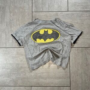 Batman Kids Heather Gray Ringer Graphic Tee Shirt Distressed Logo Size 10 12